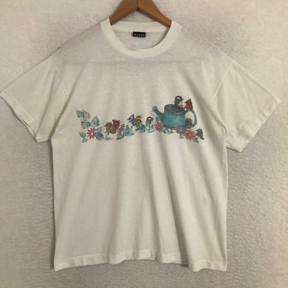Tops - Vtg USA‎ Made Birds Spring Flowers Shirt Womens L Single Stitch Art FOTL Tee